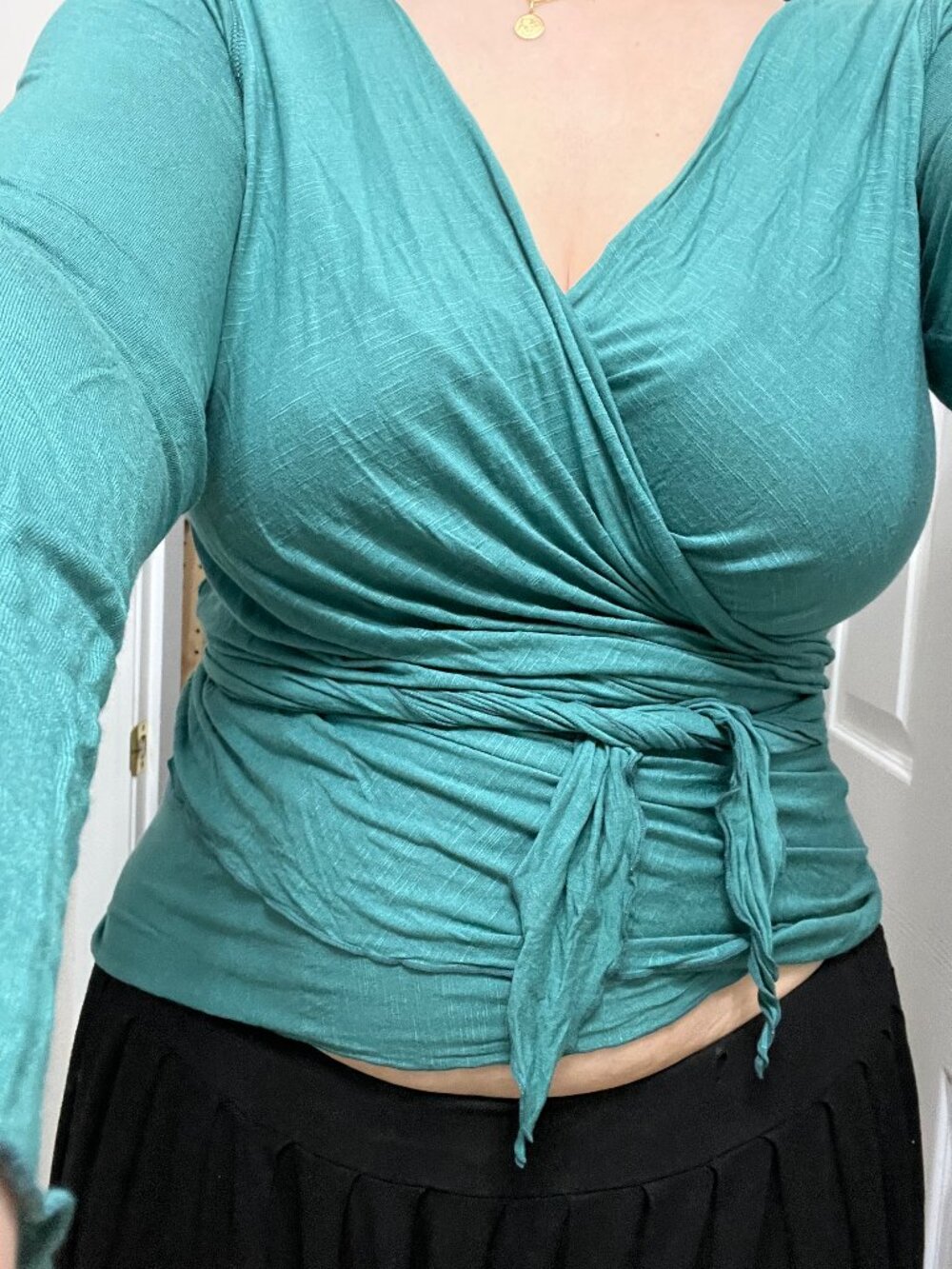 Ballet wrap top, hand-made in Indonesia, teal colour, size L/XL
